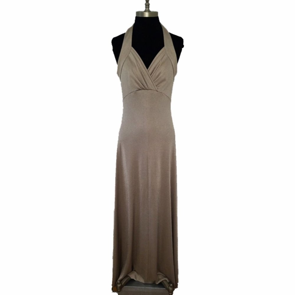 Vtg 70s Flowy Taupe Shimmer Halter Maxi Dress M